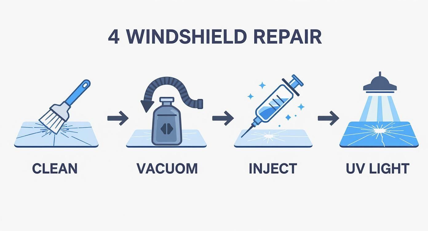 A four-step diagram showing the process of windshield chip repair: clean, vacuum, inject, and UV light.