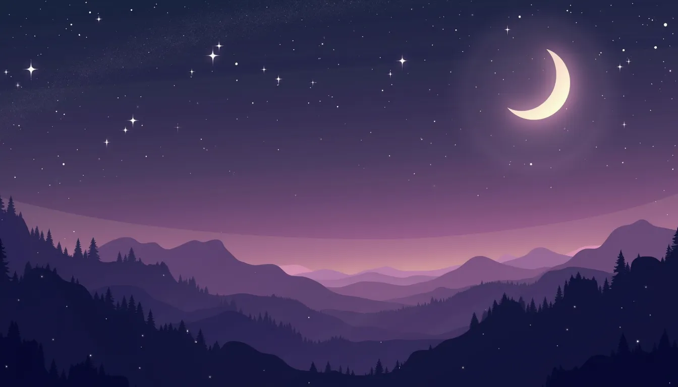 Stars and moon over a purple valley at night