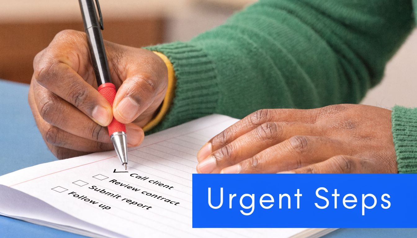 A person writing an urgent to-do list in a notebook, including calling a client, and reviewing contracts.