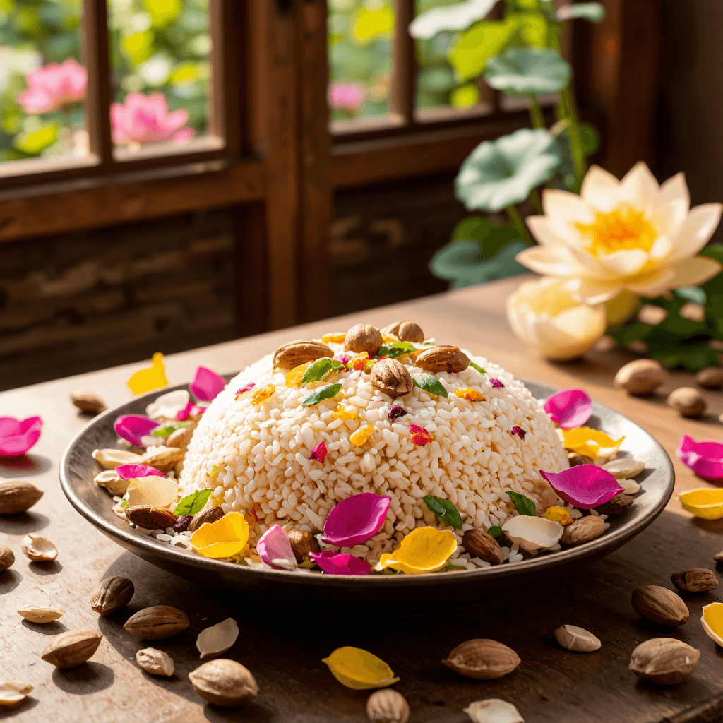 product photography of a plate of colorful rice dish garnished with nuts and lotus root
