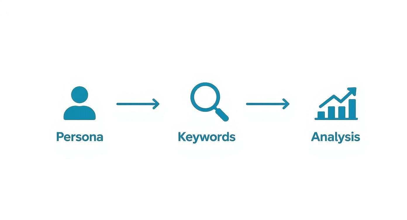 SEO workflow diagram showing three steps: persona research, keyword analysis, and performance analytics with upward growth trend