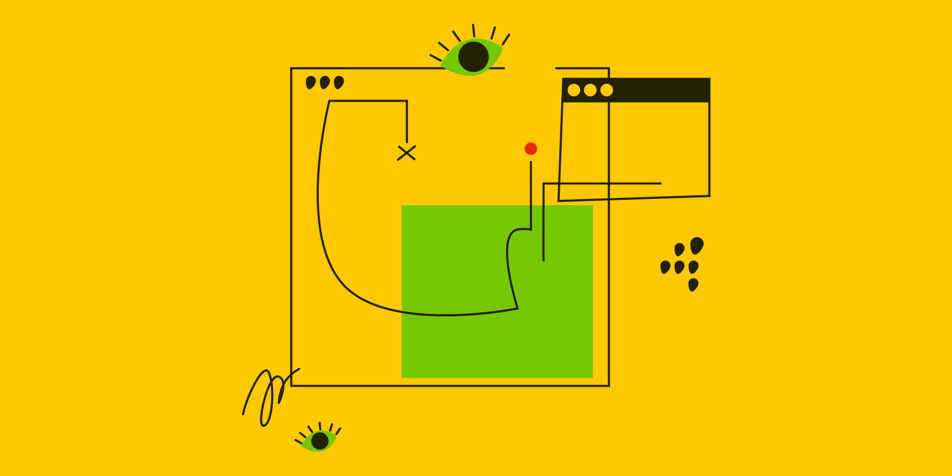 Abstract illustration of browser windows with stylized eye icons on a yellow background