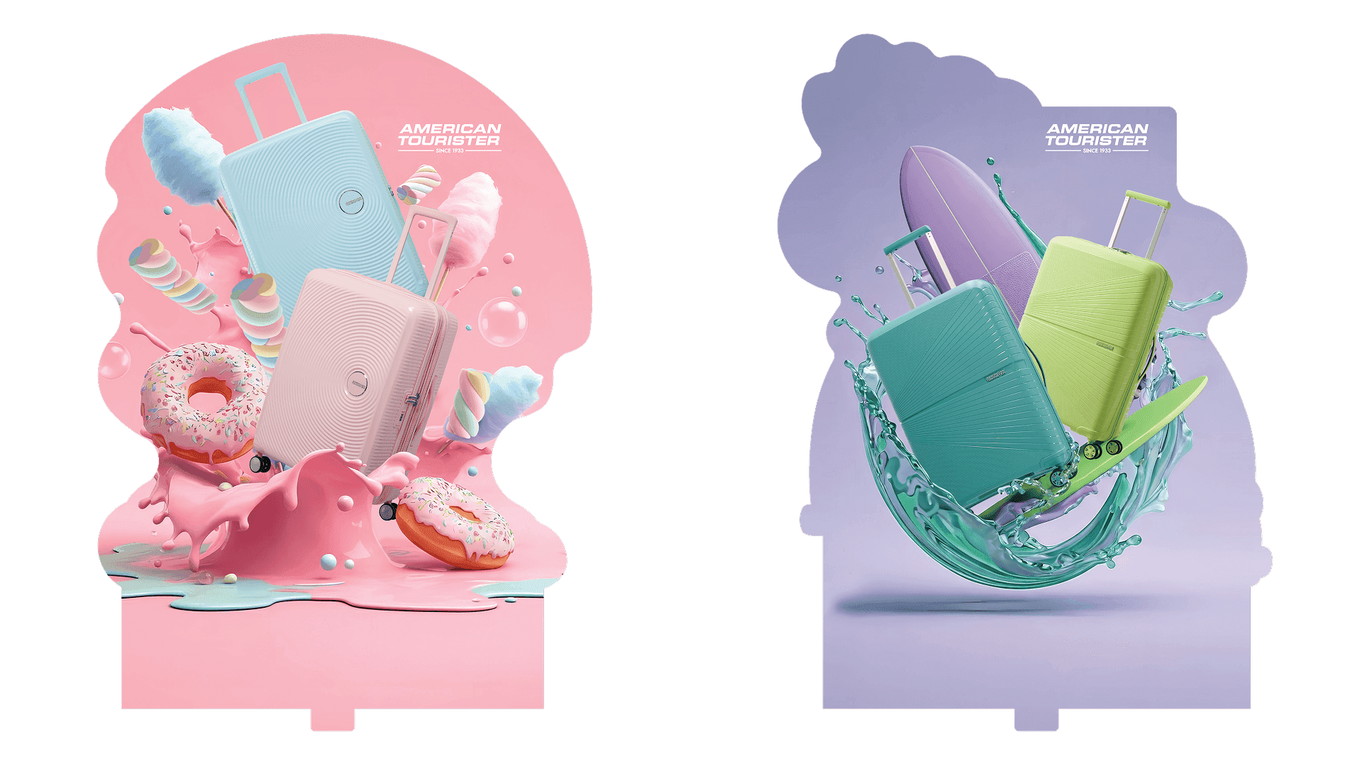 Two American Tourister display stands: pastel suitcases amid splashing paint, donuts, candy and a surfboard