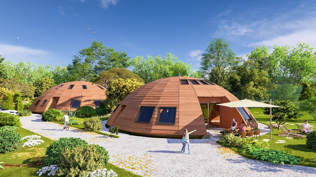 Deux Domespaces voisins reliés par une allée de gravier, avec des habitants dans le jardin