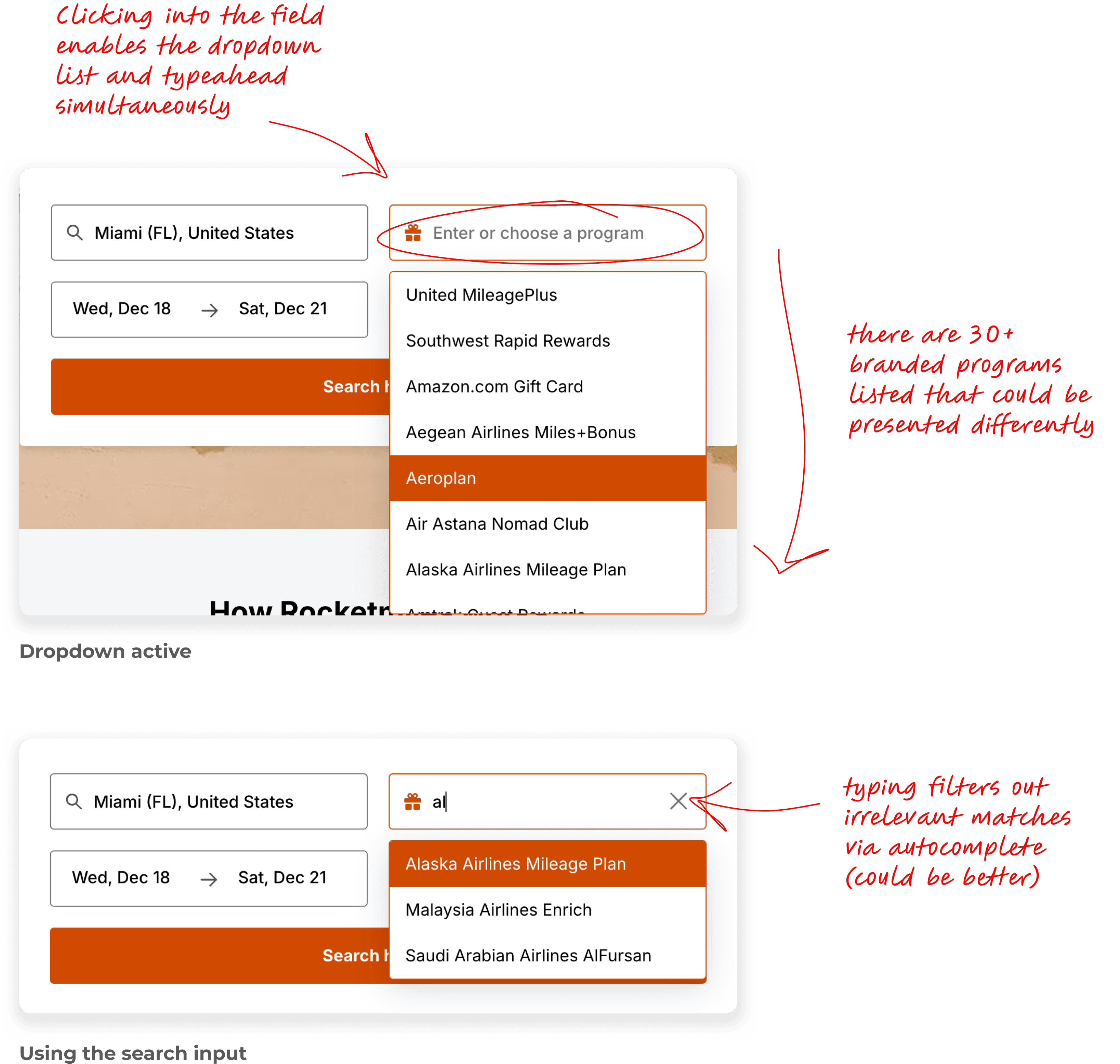 An image of the search form, lined with annotations highlighting improper use of a typeahead and lengthy dropdown list for browsing rewards programs.