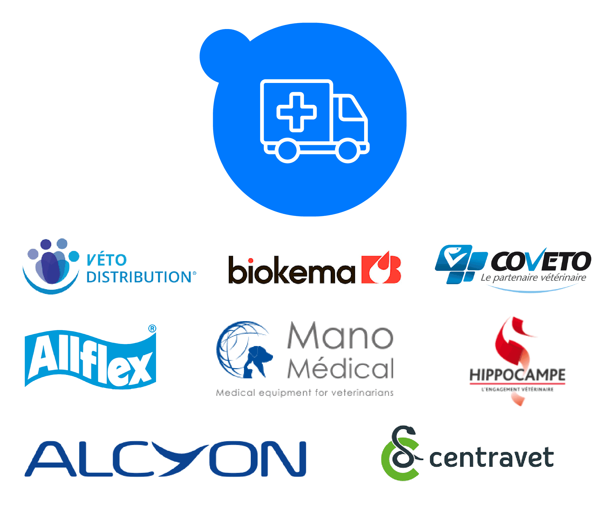 Logos des fournisseurs et distributeurs vétérinaires partenaires : Véto Distribution, Mano Médical, Allflex, Biokema, Hippocampe L'engagement vétérinaire, Alcyon et Centravet, avec une icône de camion de livraison médicale en haut