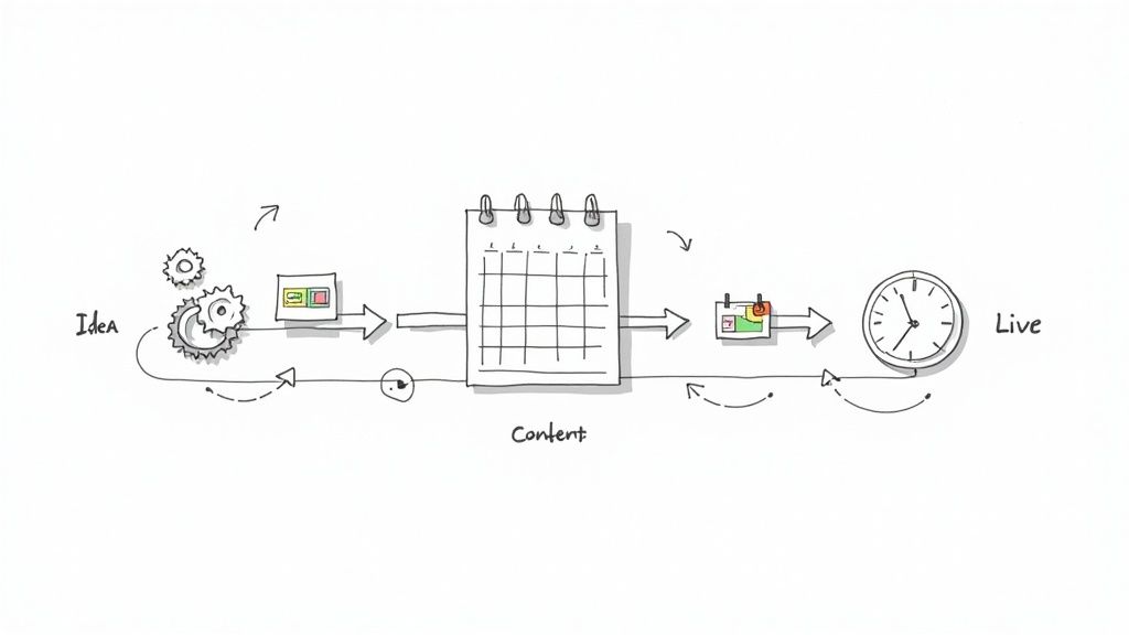 Hand-drawn diagram illustrating the content creation process from idea to live publication.