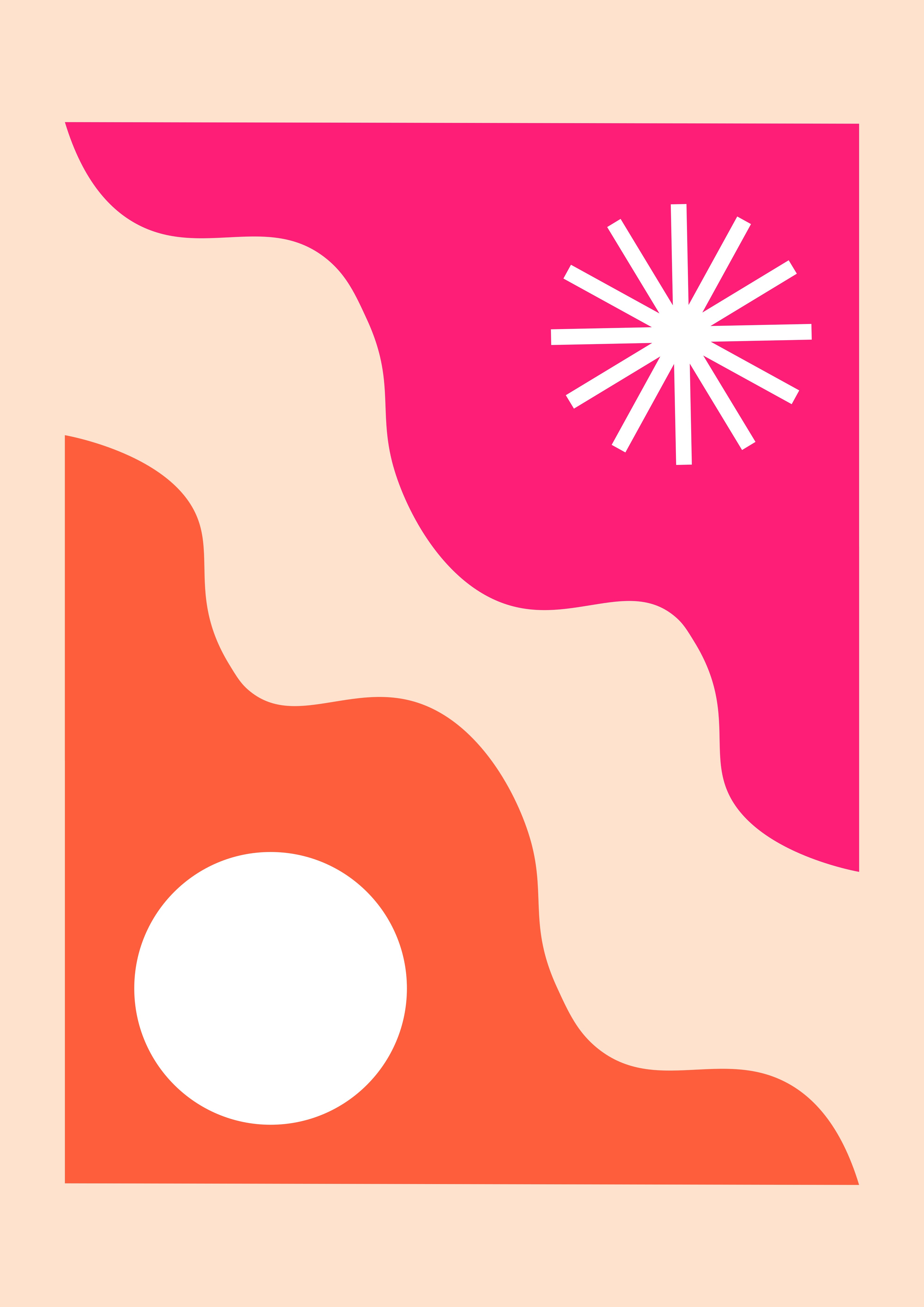 Pink and orange abstract wavy pattern with sun and moon elements.
