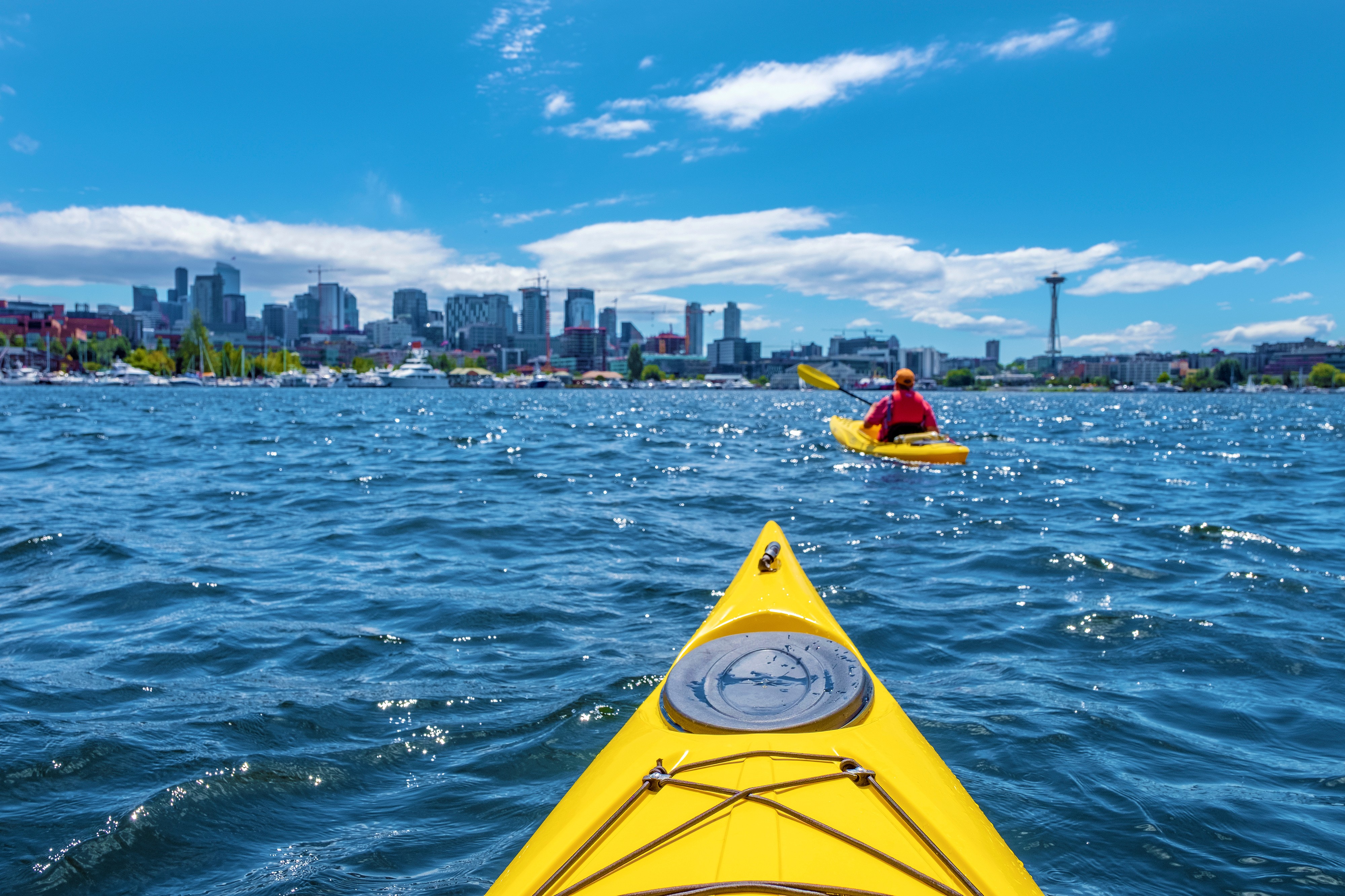 Kayaking on Seattle’s waterfront with the skyline and Space Needle in view