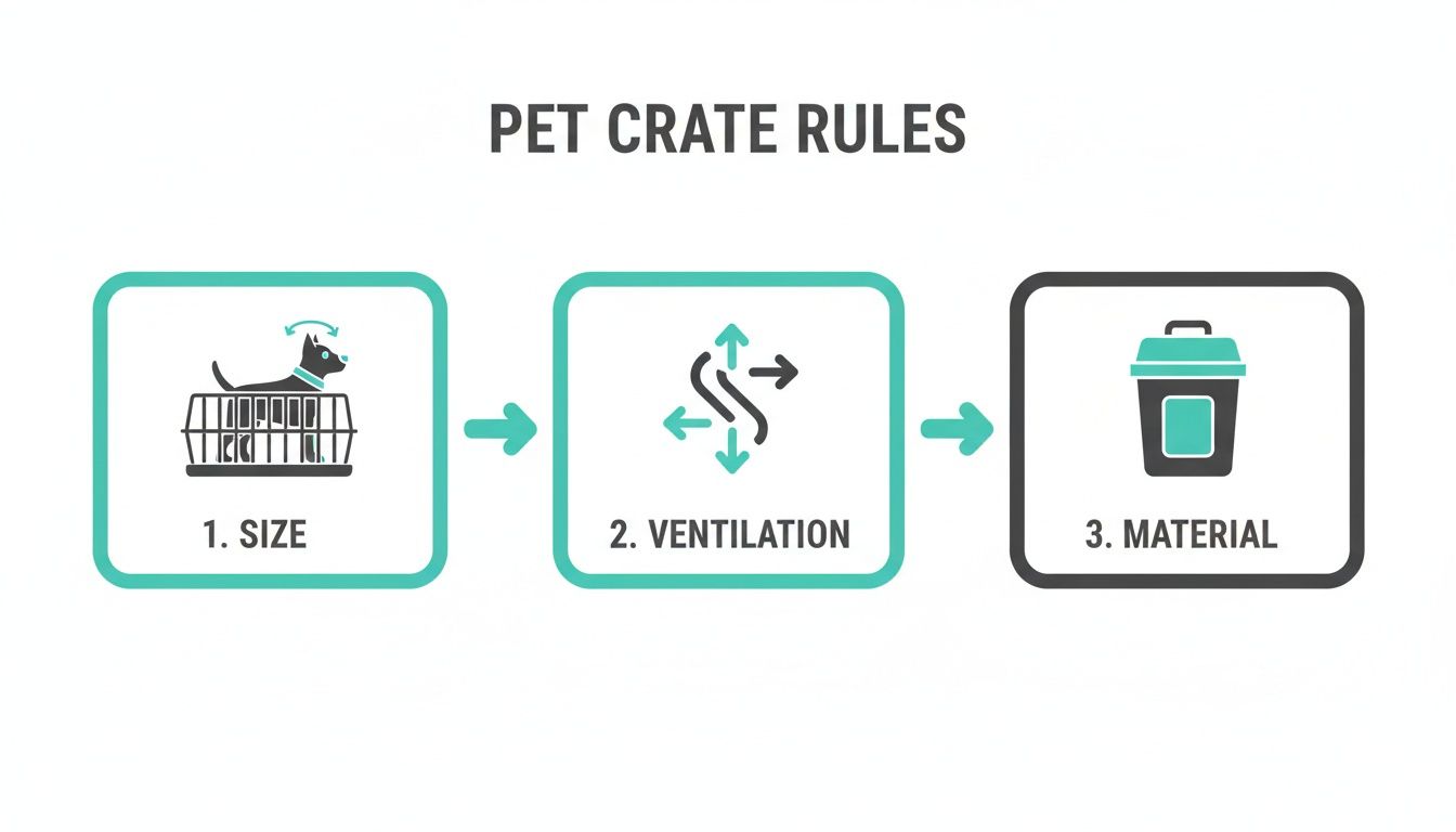 Infographic illustrating three essential pet crate rules: size, ventilation, and appropriate material.