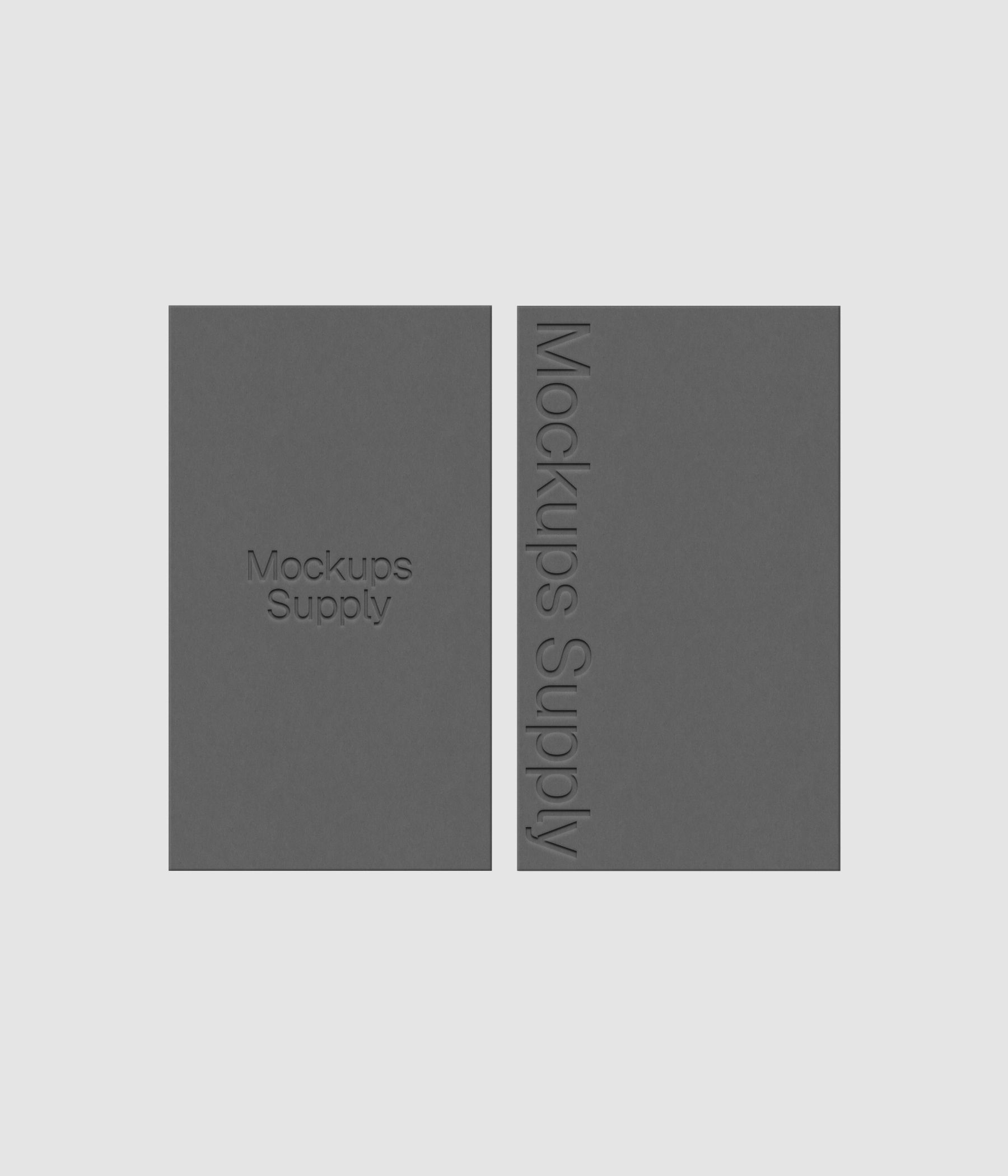 Two business card mockup PSD US Canada portrait with debossed logo effect, gray cards on white background, clean modern stationery mockup for brand identity