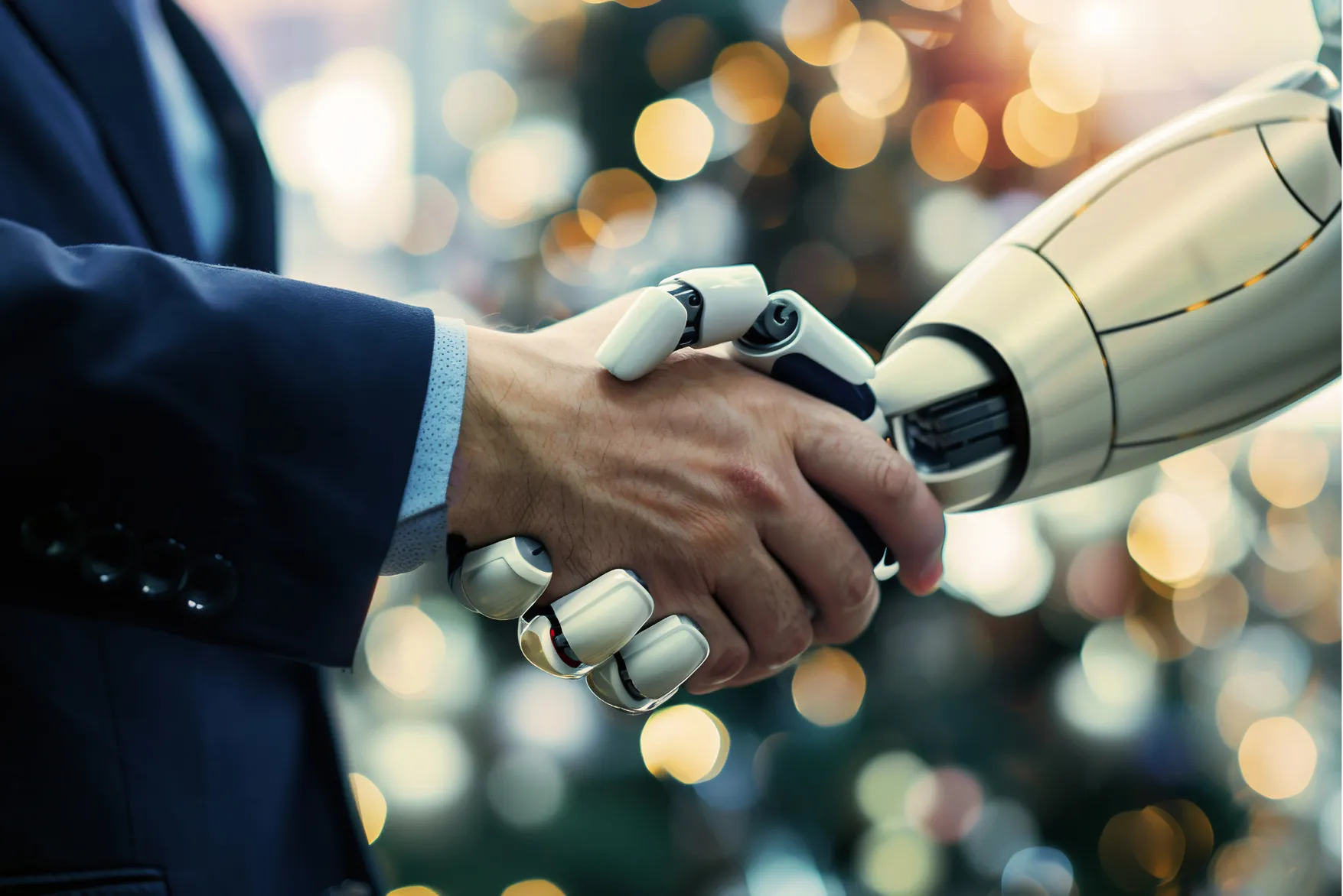 Close-up of a human and a robot shaking hands, symbolizing partnership between people and AI technology.