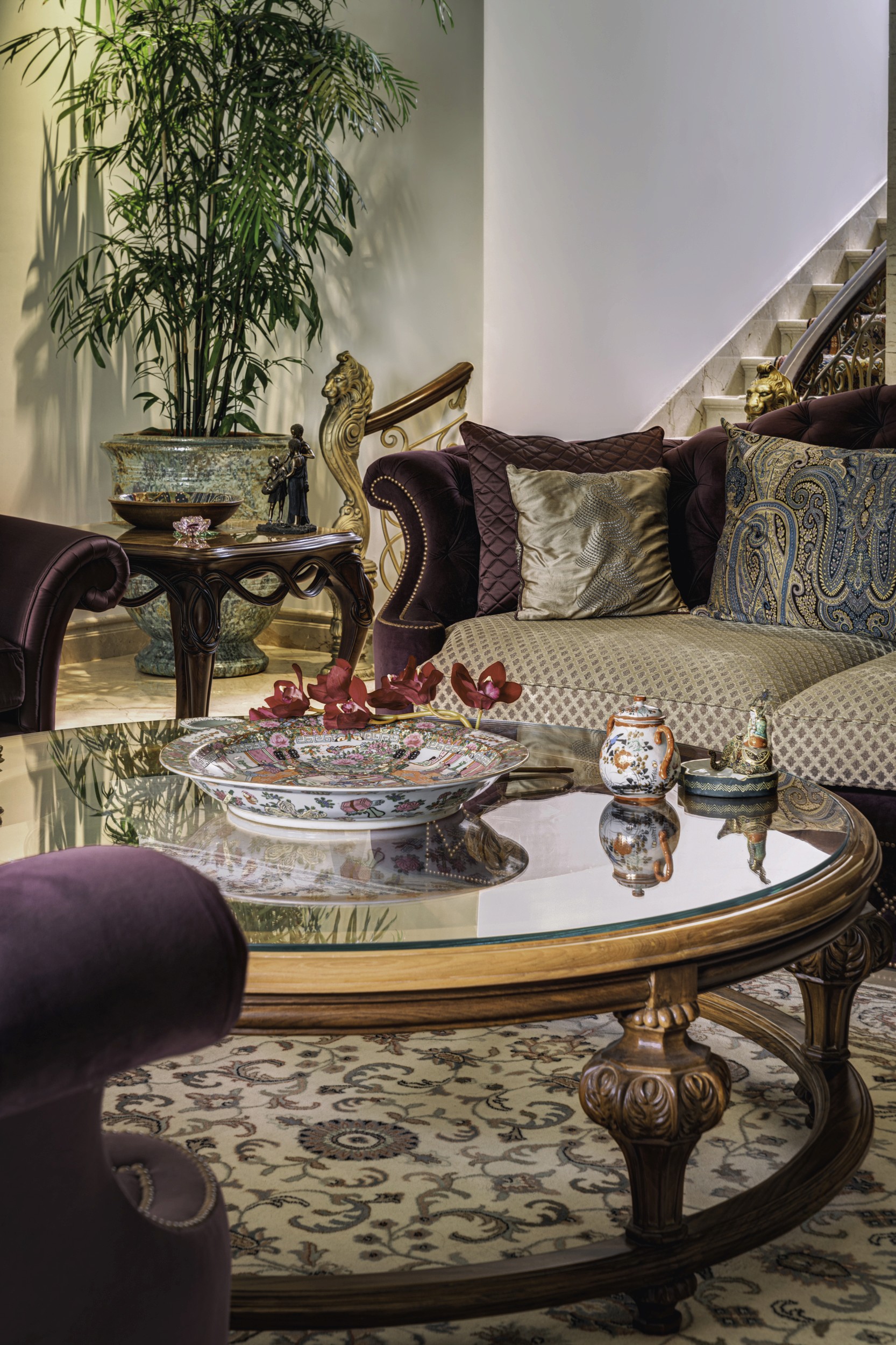 Vintage Italian room with red velvet armchair, chaise.