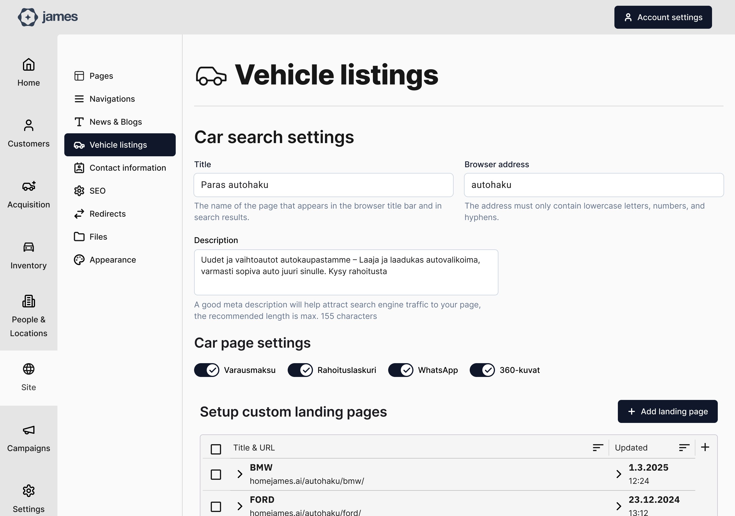 CMS autohaun asetukset