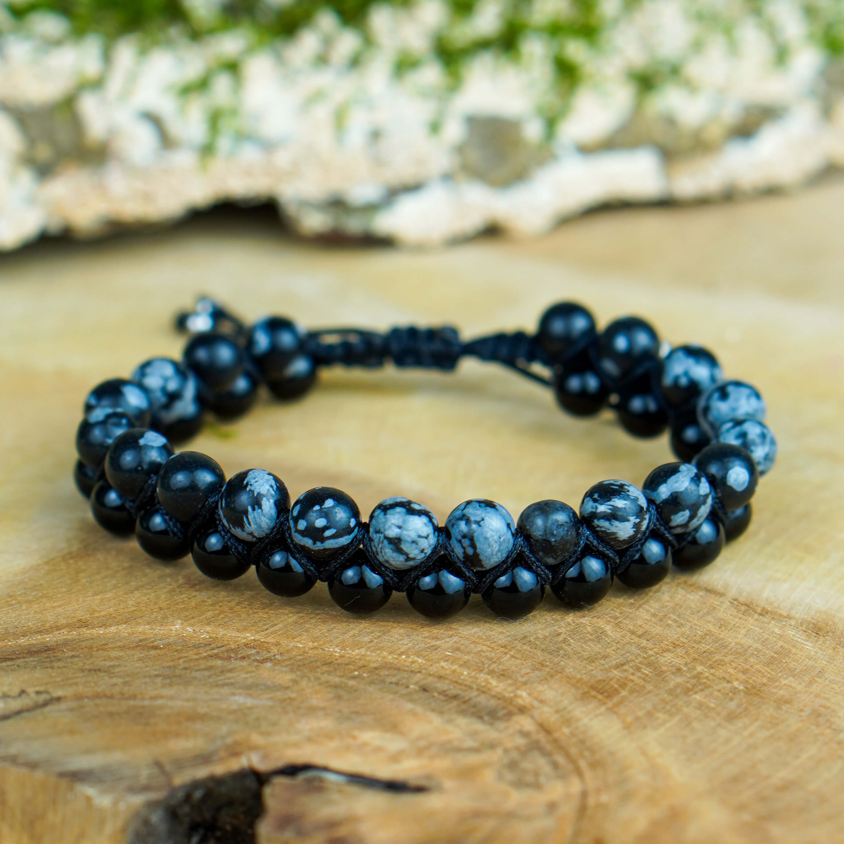 Dwurzędowa bransoletka pleciona z obsydianu śnieżnego i onyksu - ręcznie wykonana biżuteria unisex