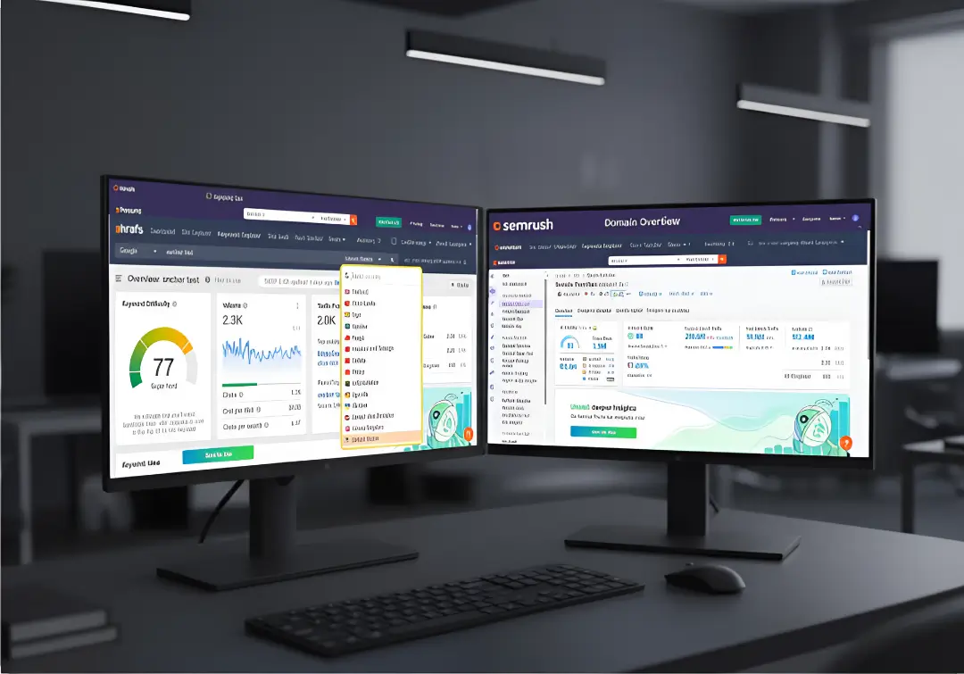 Dual monitor setup displaying advanced SEO analysis tools including Ahrefs and SEMrush dashboards with keyword metrics and domain overview data, demonstrating technical SEO training module at MyCaptain