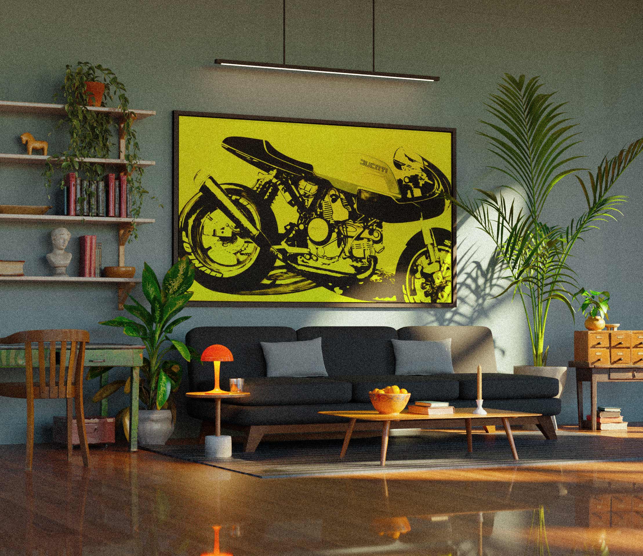 Mid-century modern living room featuring a large yellow and black Ducati motorcycle painting above a dark grey sofa, with vibrant indoor plants, a bookshelf, and wooden furniture