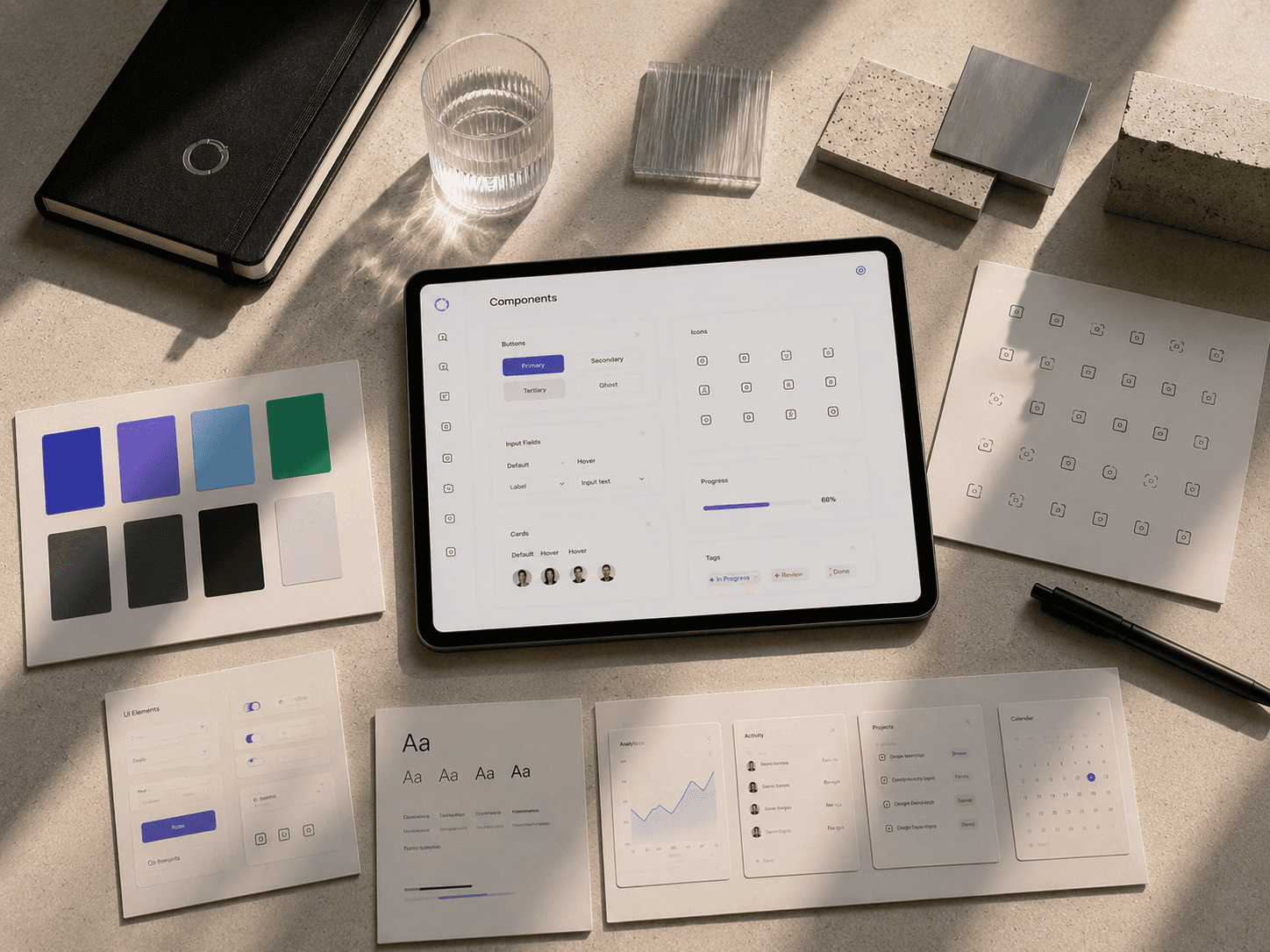 Minimal workspace featuring a desktop monitor displaying a modern productivity dashboard in a warm architectural interior with soft natural light, clean concrete surfaces, and a refined contemporary aesthetic.