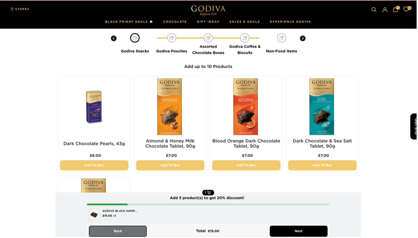 Godiva website showing ability to create personalised gift box