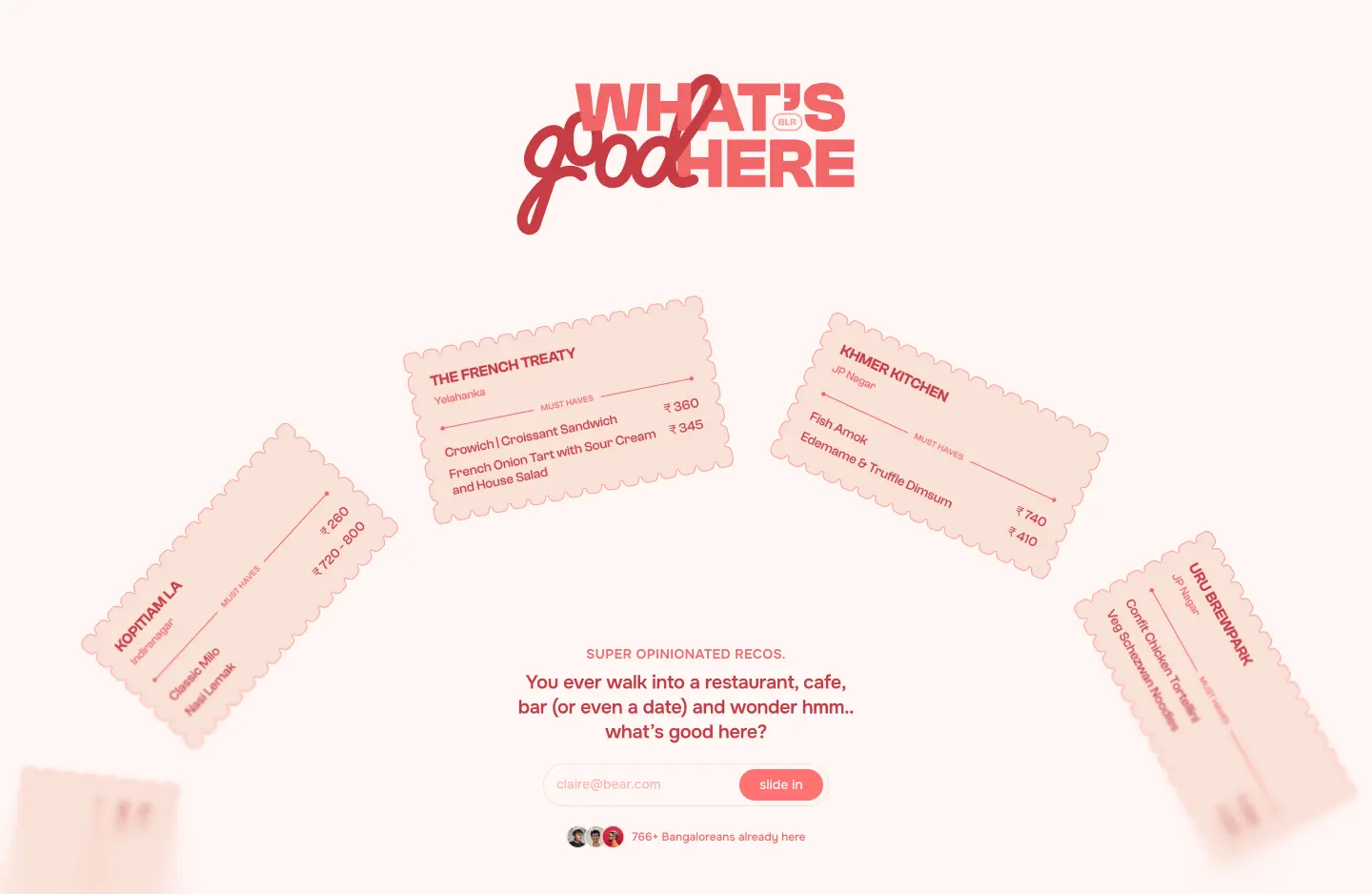 What's Good Here? landing page screenshot showcasing Food & Drinks and Travel design
