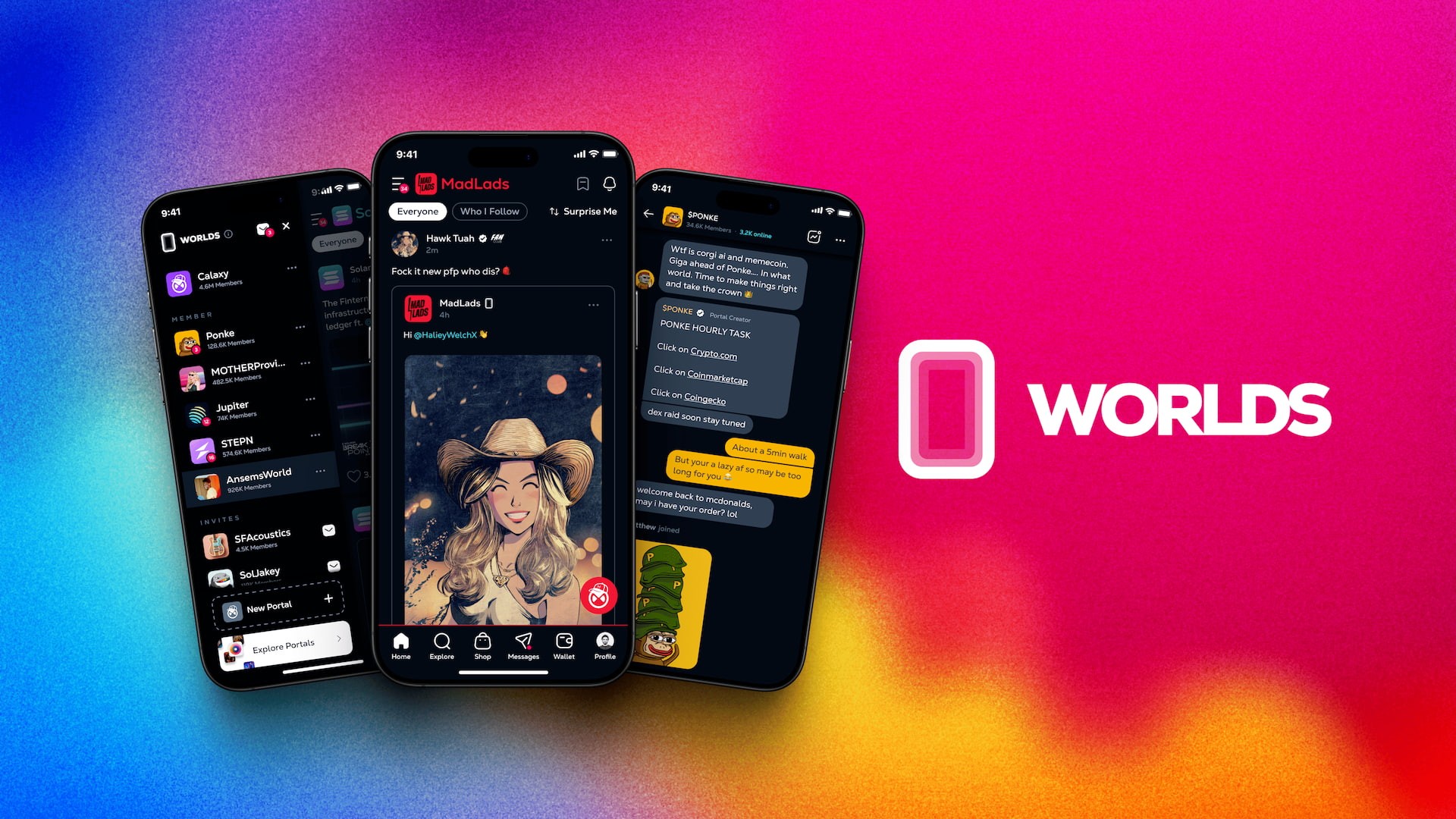 Worlds by Calaxy discovery and feed experience, showcasing creator-driven social spaces, posts, NFTs, and community engagement within a blockchain-based social network.