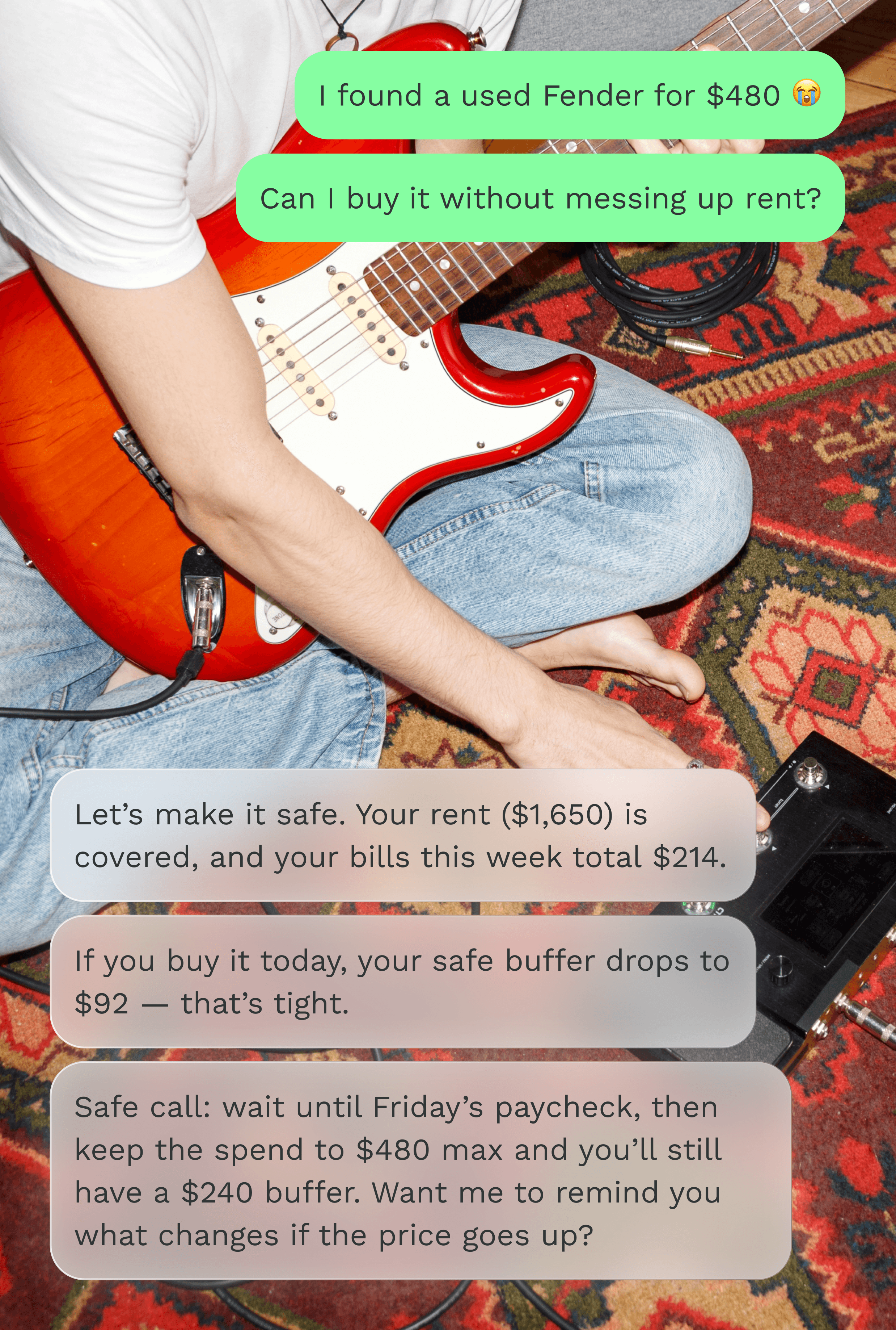 Guitarist adjusting an effects pedal as Vera chat bubbles offer guidance.