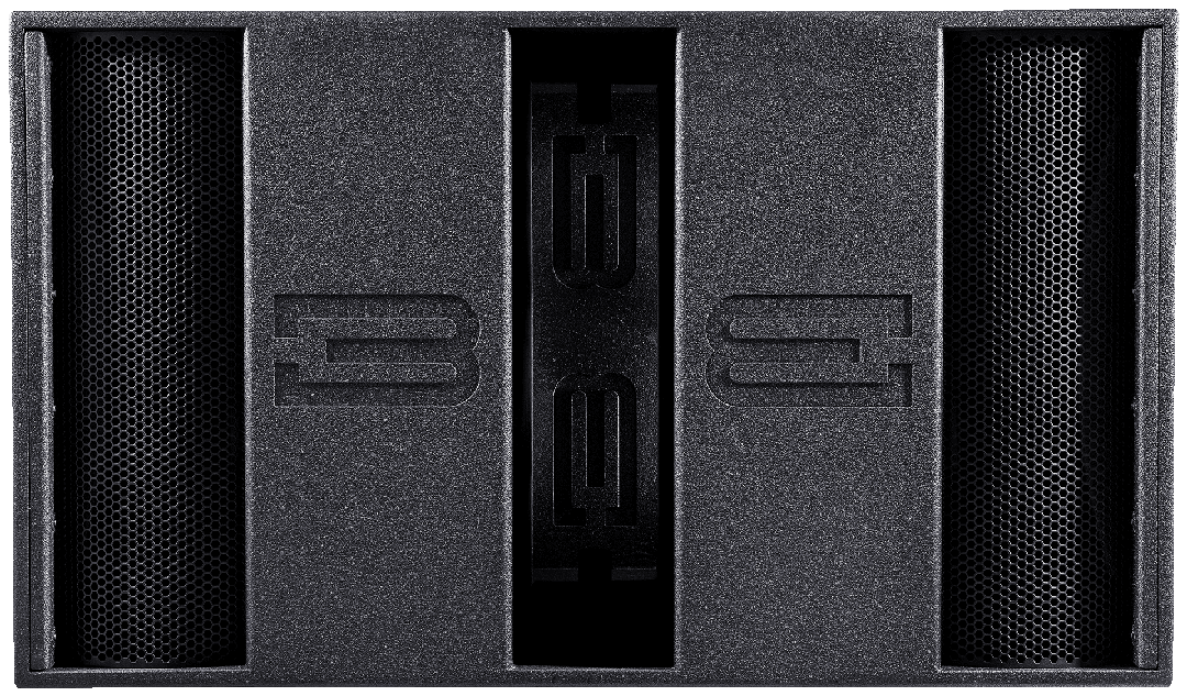 Black speaker enclosure with honeycomb grills and logo.