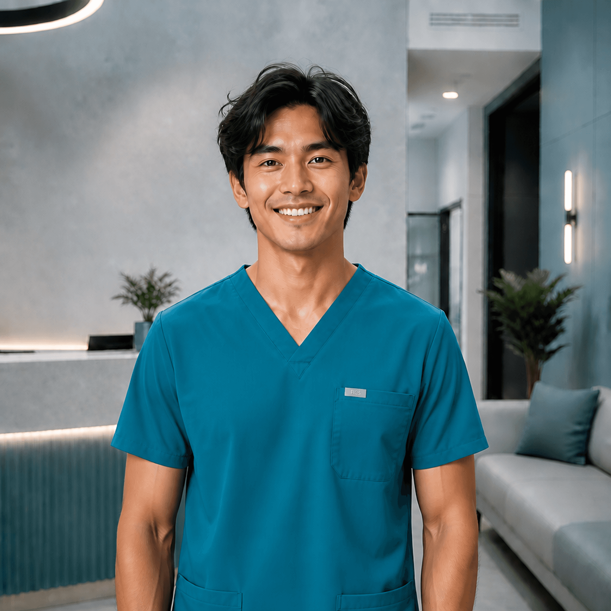 Male healthcare professional in teal scrubs in a modern medical clinic setting.