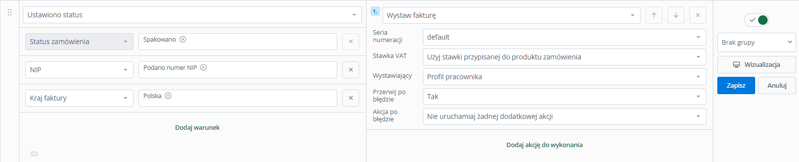 Automatyczna akcja w Base.com wystawiająca fakturę dla spakowanych zamówień z polskim NIP-em