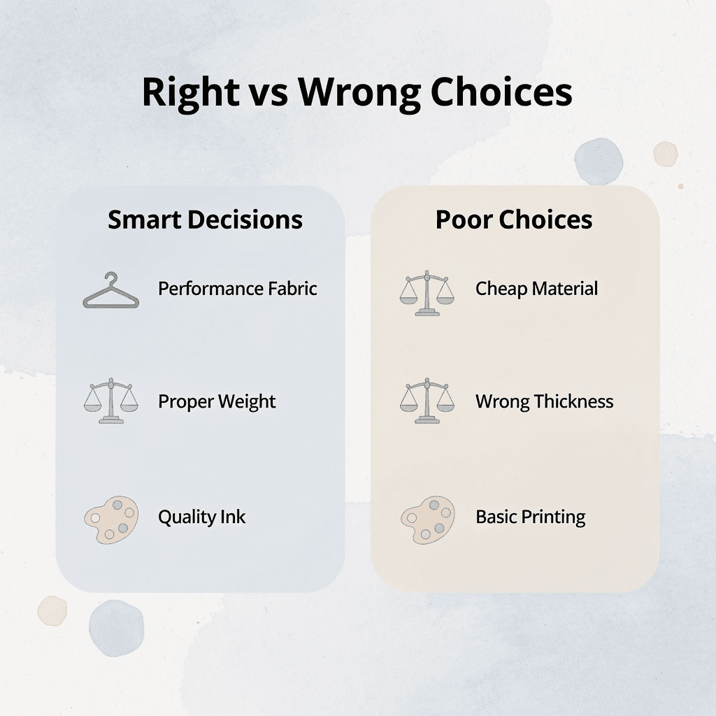 Comparison chart showing smart decisions versus poor choices in custom apparel - Best T-Shirt Material for Printing