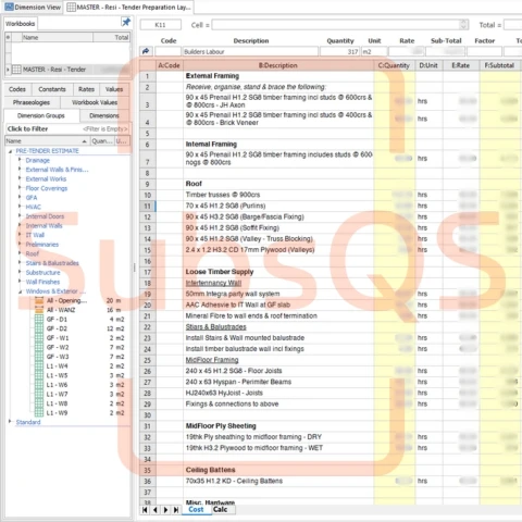 costx screenshot of builders labour estimate by subsqs