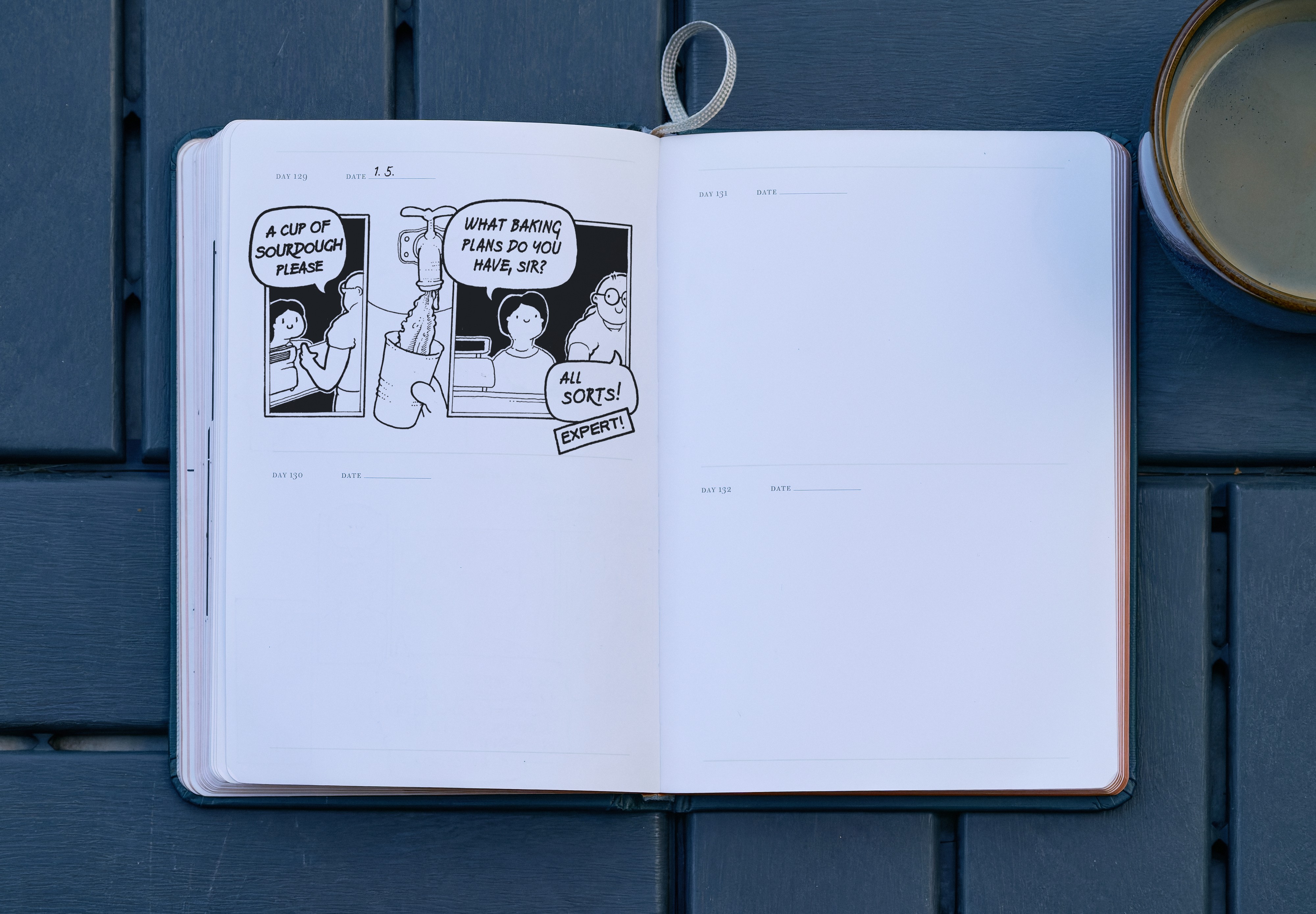 Two-panel comic. Left: a man asks a baker for a cup of sourdough. Right: she asks what baking plans he has. He smiles: "All sorts!" Stamp: EXPERT.