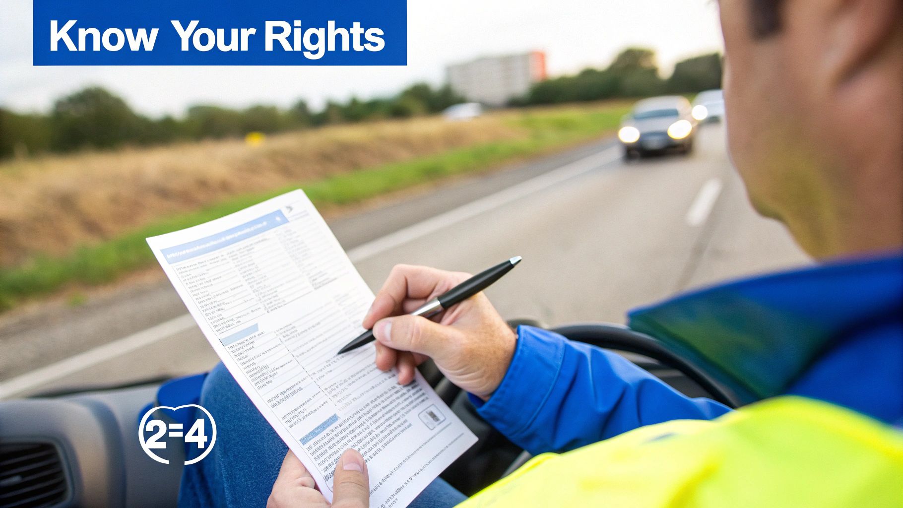 A person in a vehicle reviewing a document with a pen, with text 'Know Your Rights' on a blue banner.