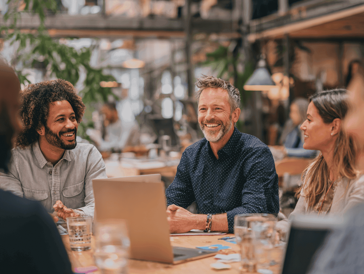 A warm and authentic moment of a diverse leadership team in a collaborative discussion, natural daylight, modern open workspace