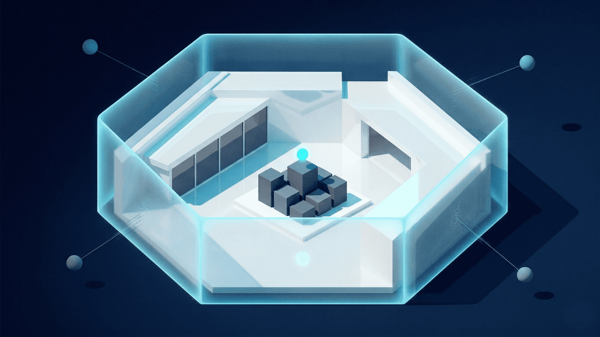 半透明の光る壁に囲まれた保護空間の内側でAIシステムが稼働し、外側から近づく複数のAIエージェントが壁で遮られる様子を描いた、Amazonの『壁で囲った庭』戦略を象徴する3Dコンセプトイラスト