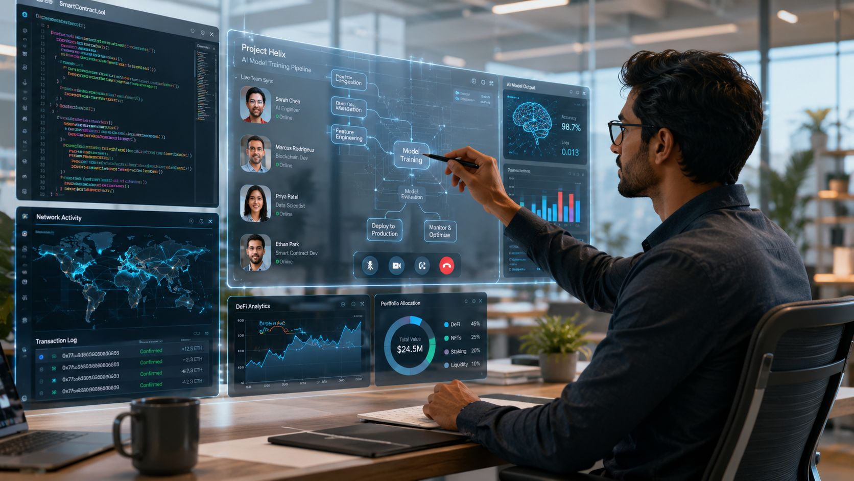 A professional working on an advanced AI model training interface with futuristic holographic data displays.