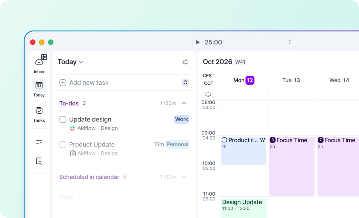 Akiflow redesigned desktop sidebar and calendar