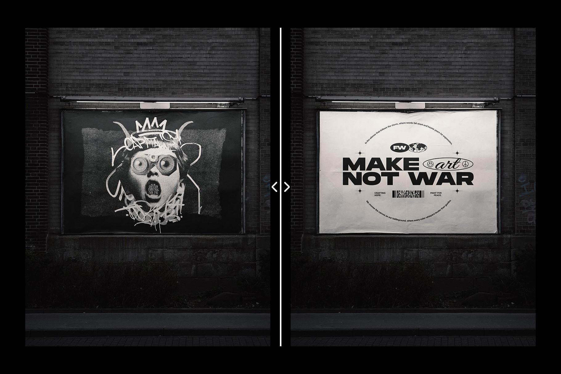 Urban billboard mockup presenting poster artwork on dark city street wall