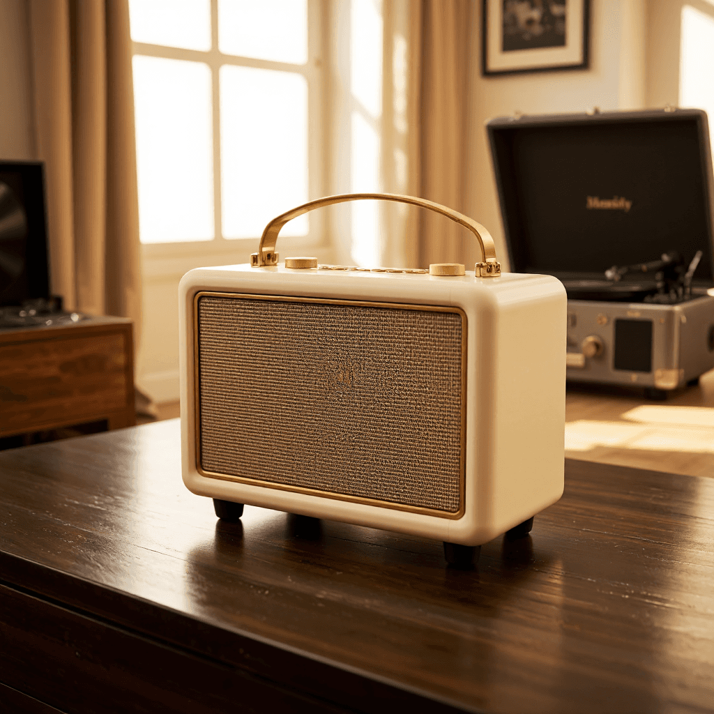 product photography of a portable Bluetooth speaker with a retro design