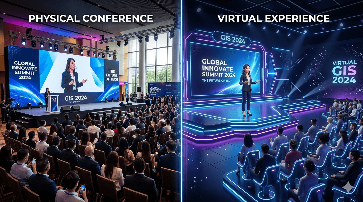 Seamless split layout showing a physical summit connected to a custom metaverse event Singapore.