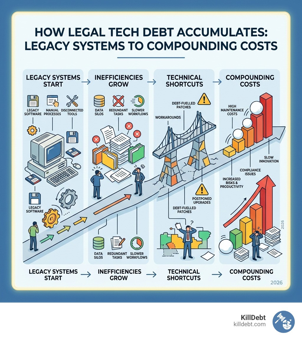 How legal tech debt accumulates from legacy systems to compounding costs over time - legal tech debt tools infographic