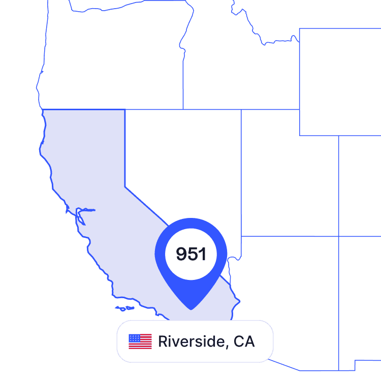US map of 951 area code phone numbers and its coverage region