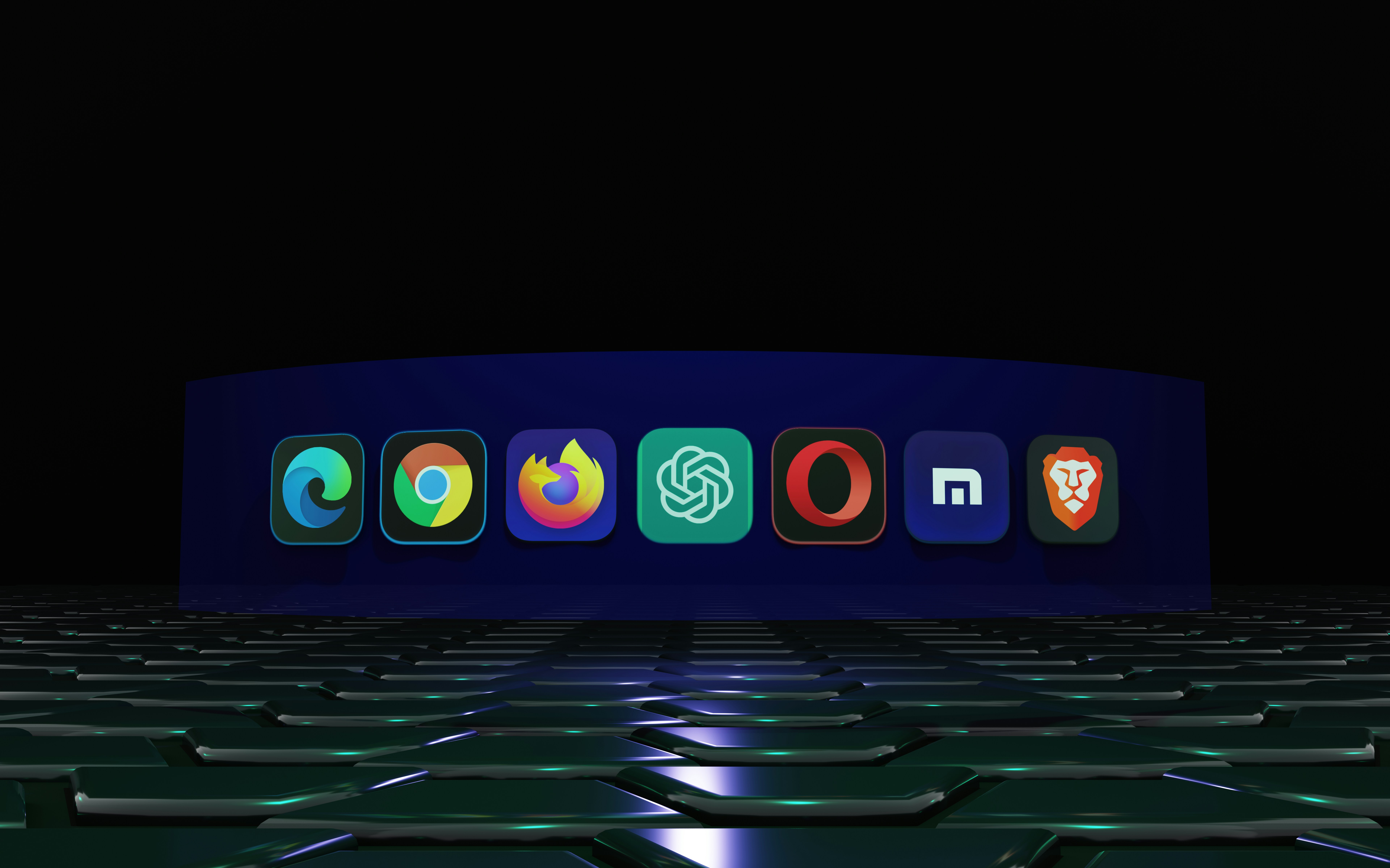 Futuristic display of major browser icons: Chrome, Edge, Firefox, Opera, Brave, and Arc—arranged on a curved blue screen against a metallic green grid background, highlighting the competitive landscape in the future of AI browsers.