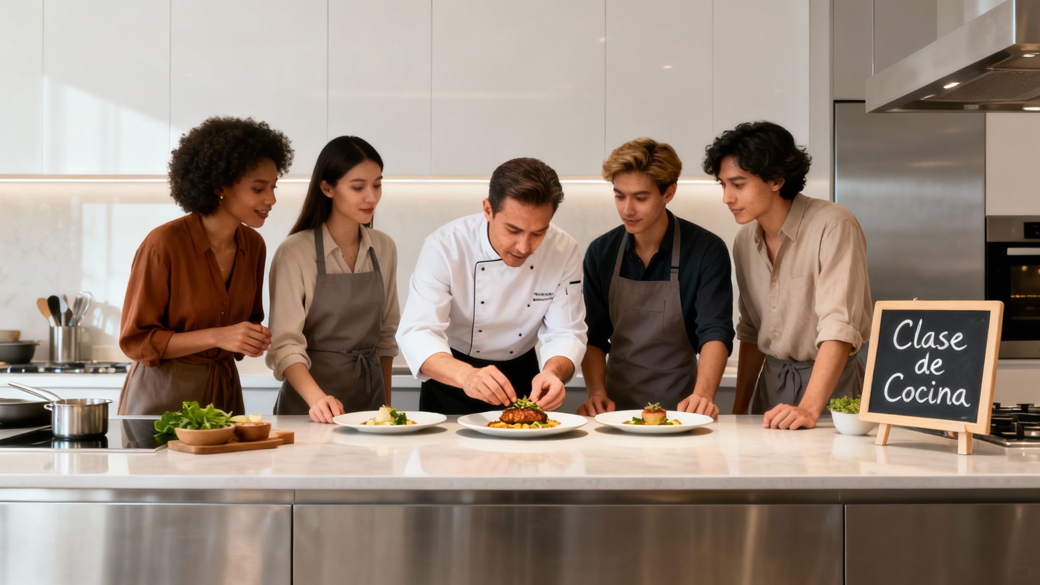 Chef profesional enseña a un grupo de jóvenes entusiastas en una clase de cocina moderna.