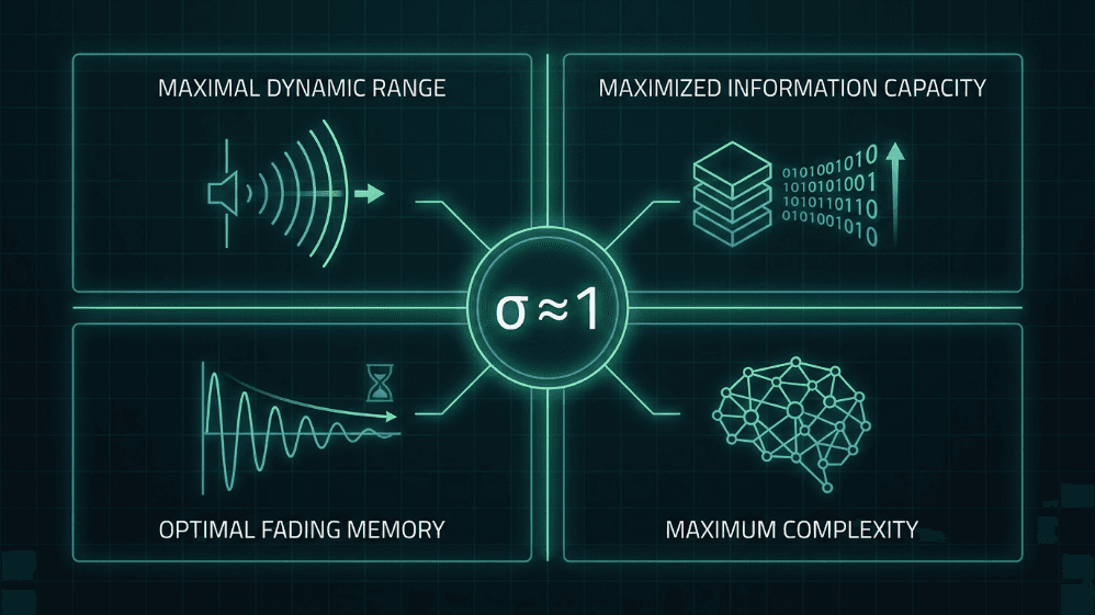 Infographic centered on σ ≈ 1 showing four computational advantages of brain criticality. Top left: maximal dynamic range, illustrated by sound waves of varying amplitude. Top right: maximized information capacity, shown as stacked binary data with an upward arrow. Bottom left: optimal fading memory, depicted as a decaying signal curve with an hourglass. Bottom right: maximum complexity, represented by a densely connected network graph resembling a brain.
