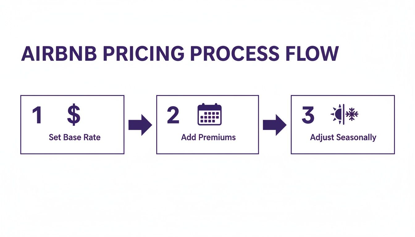 Flowchart outlining the 3-step Airbnb pricing process: base rate, premiums, and seasonal adjustments.