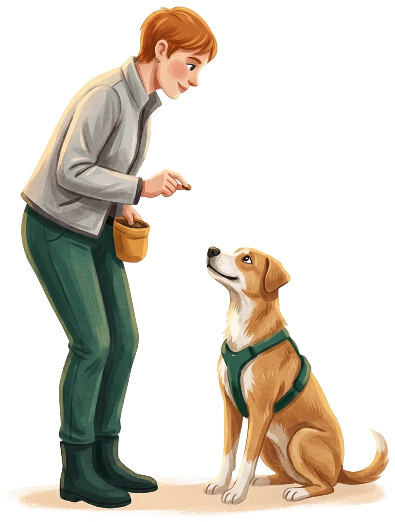 La entrenadora marca y refuerza a un perro sentado