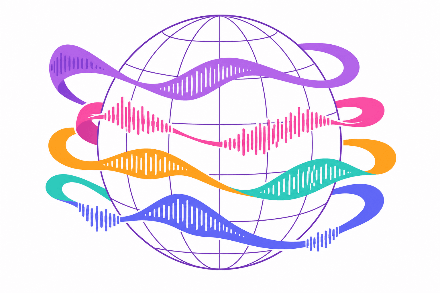 One video concept branching into multiple language waveforms on a globe
