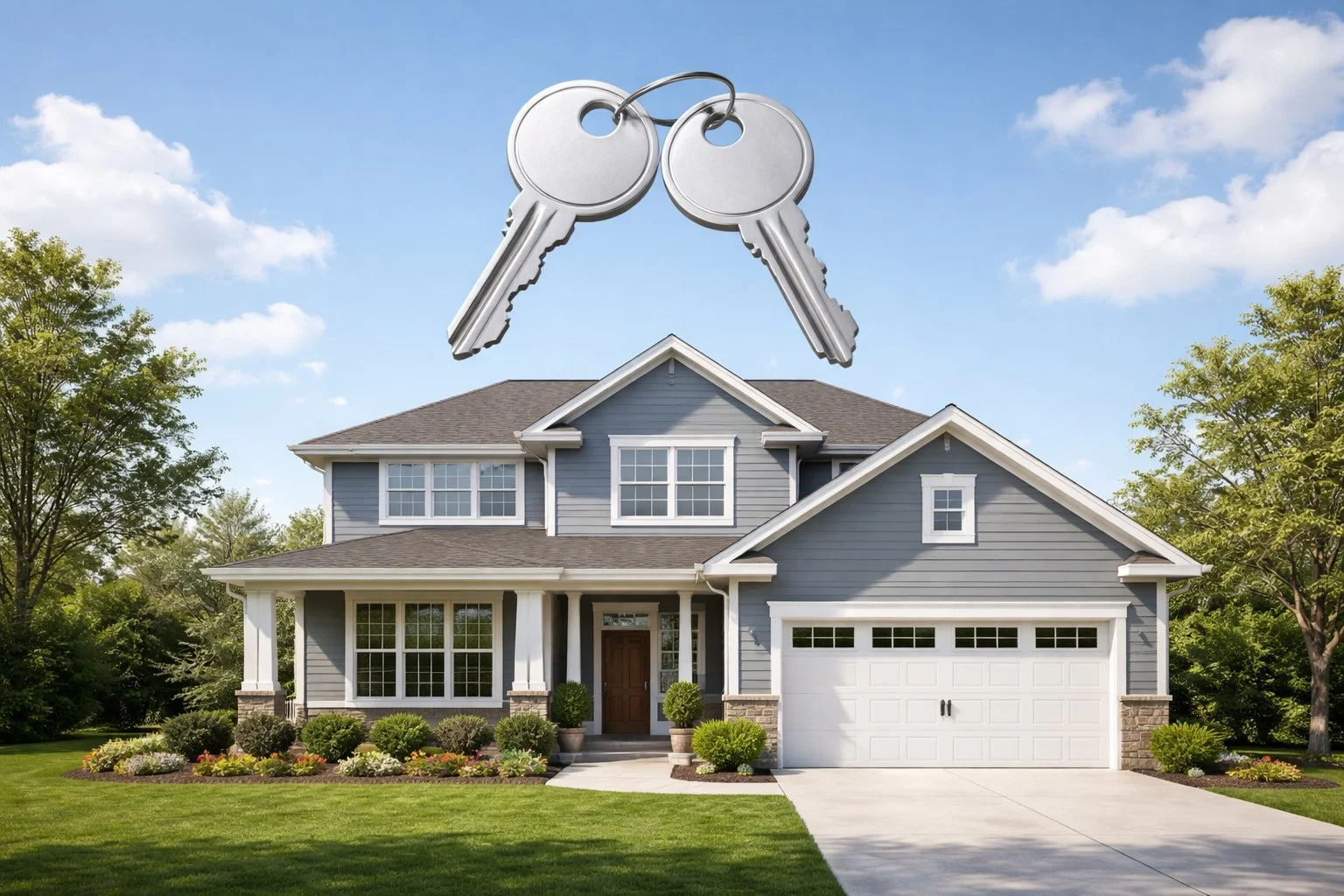 House with two identical keys floating above it, symbolizing equal and immediate shared ownership.
