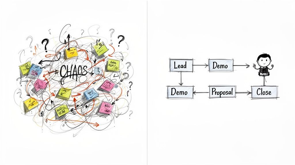 A dual image contrasting a chaotic process with sticky notes and question marks against a clear, simplified sales flowchart.